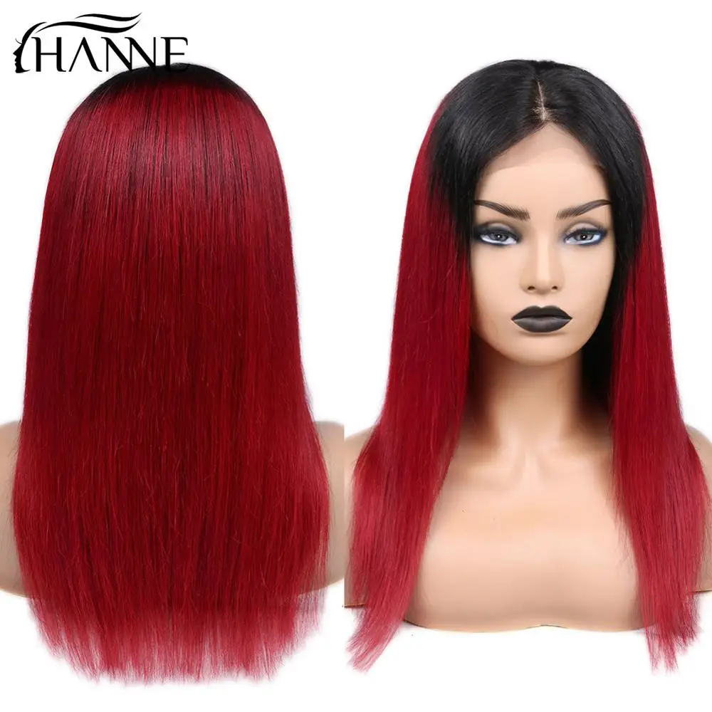 HANNE 4*4 парик из натуральных волос с естественным Hairline косплей парик Омбре розовый/99J/серый прямые человеческие волосы парики Bralizian - Цвет волос: 1B Red