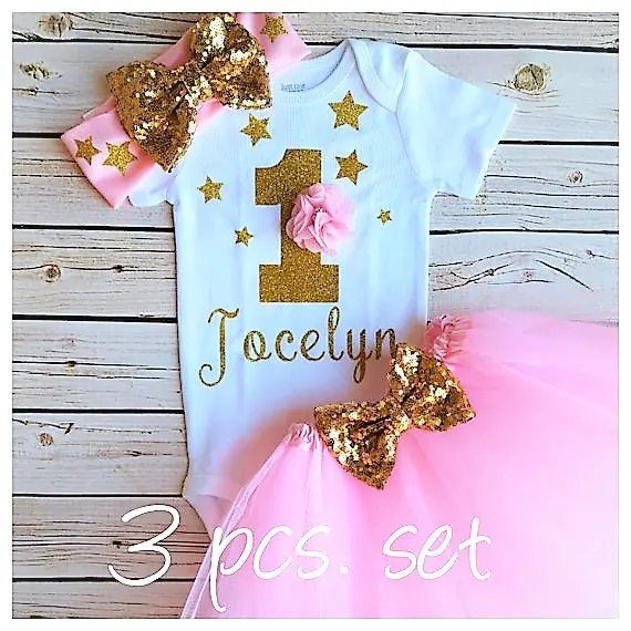 

Customize name gold stars birthday Newborn infant bodysuit onepiece Tutu Dress romper Outfit Sets baby shower party gifts