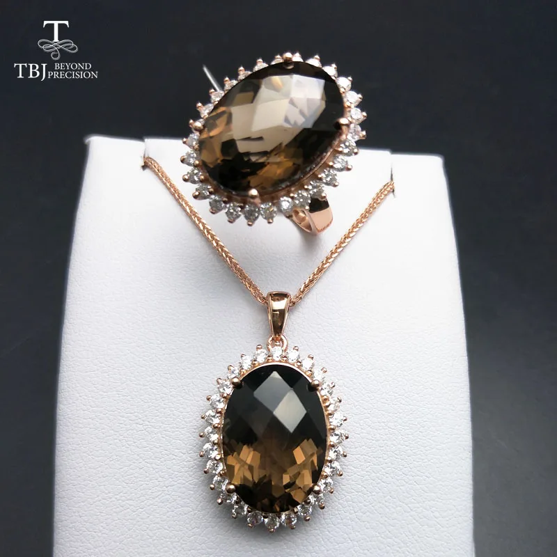 Tbj диана вечерние gemstonejewelry Комплект Кулон и кольцо с 22 ctnatural дымчатый кварц для