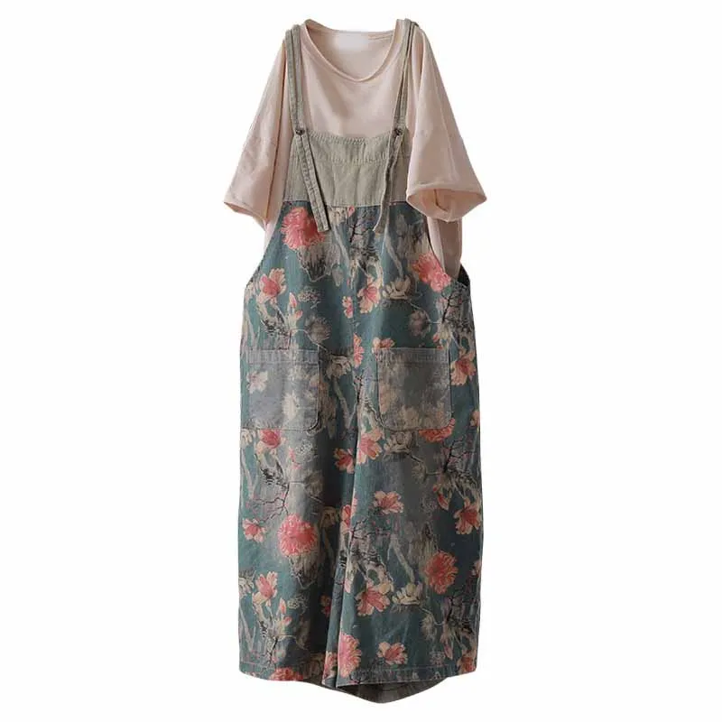 Женский винтажный комбинезон свободный джинсовый с цветочным принтом и