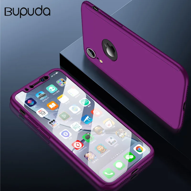 Purple 360 Полный Чехол для iPhone X XS XR XS MAX защитный чехол для iPhone5 5S SE 6 6s 7 8 Plus чехол для телефона со стеклом - Цвет: Purple