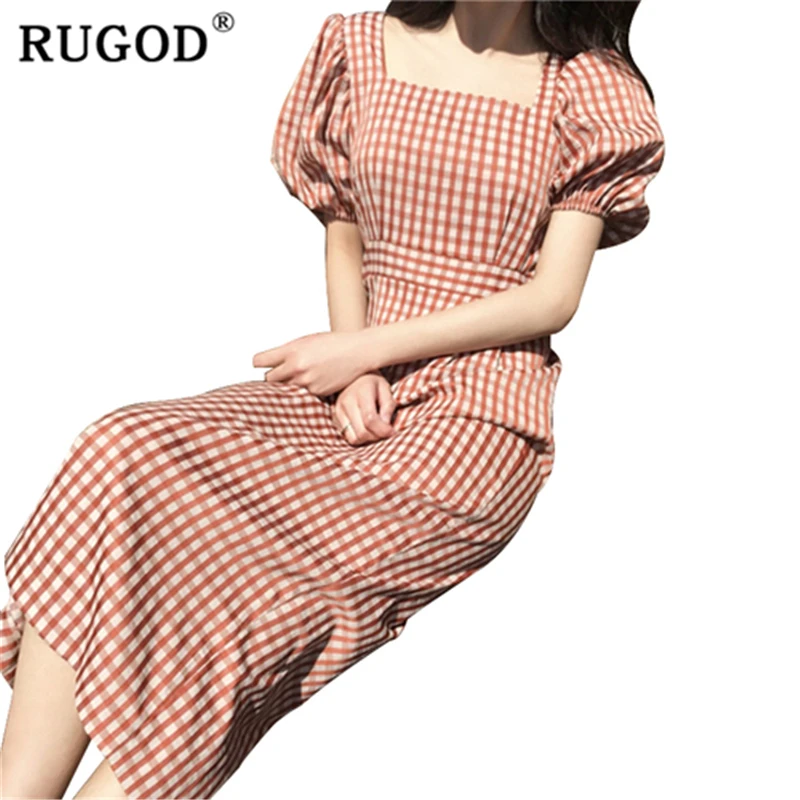 RUGOD 2019 клетчатое тонкое женское Платье облегающее с высокой талией пышные рукава