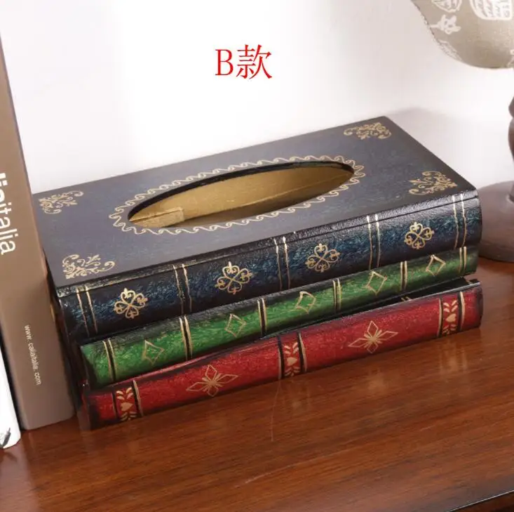 B Ретро стиль книга форма коробка ткани Творческий деревянная коробка ткани спальня гостиная офисный стол Декоративные салфетки бумажный держатель - Цвет: B