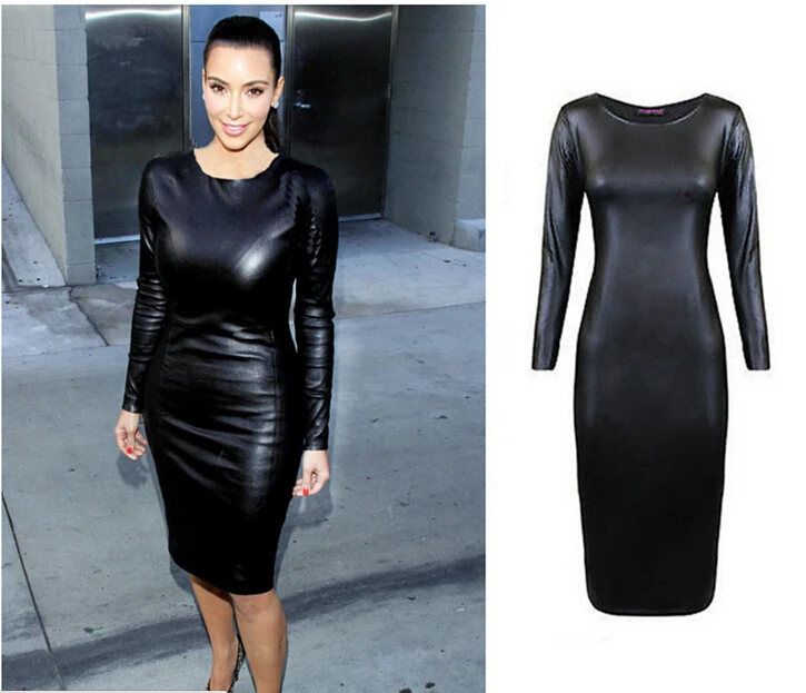 2015 новое поступление мода женщины платья с длинным рукавом PU кожаные Bodycon о