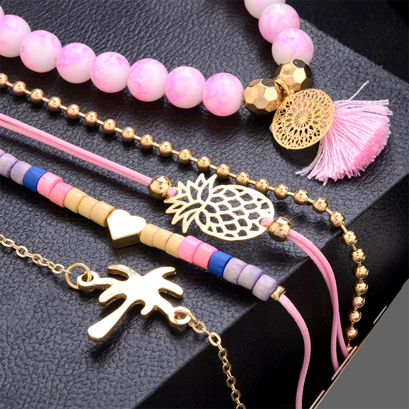 5 Pcs/Set Vintage Women Bracelets Coconut Pineapple Heart Pink Beads Tassel Pendant Leather Rope Gold Bracelet Set Party Jewelry | Украшения