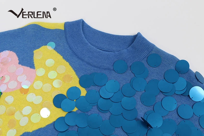 Verlena Korean Fashion Blue Jumper Colorful Shine Sequins Details Sweater Women Clothing Long Sleeve Tops Pullovers Pull Femme | Женская
