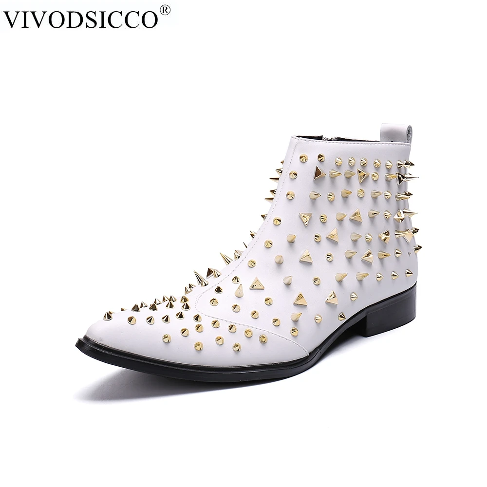 

VIVODSICCO New England Style Boots White Punk Motorcycle Boots For Men Genuine Leather Rivets Zipper Warm Snow Boot Dropship