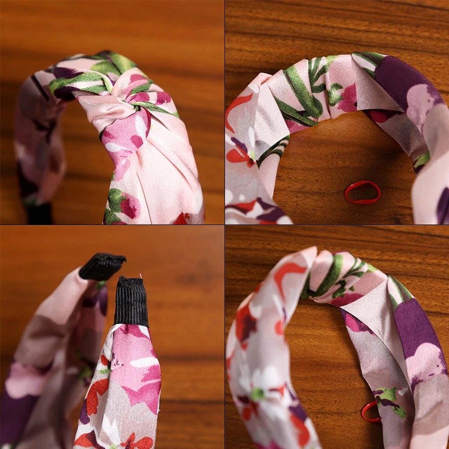 

Levao Fresh Pink Satin Wide Hairbands Colorful Flower Printed Elegant Girls Headbands Center Knot All-inclusive Hair Ornaments