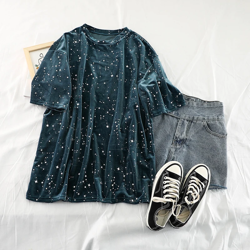 

Loose Velvet Gilded Short-sleeved T-shirt Vintage Stars Printed Retro Streetwear Casual Plus Size Harajuku Tee Shirt Tee Female