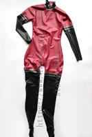 womens latex zentai long sleeve late catsuit with socks in metallic rose with black and dark gray trims decorations