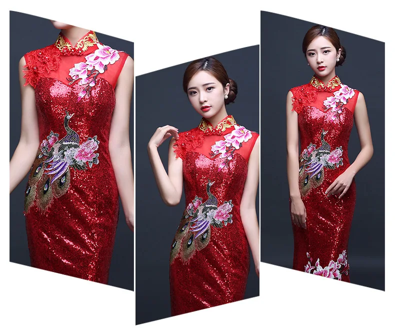 Red Chinese Wedding Dress Female Long Cheongsam Gold Slim Chinese Traditional Dress Women Qipao for Wedding Party embroidery