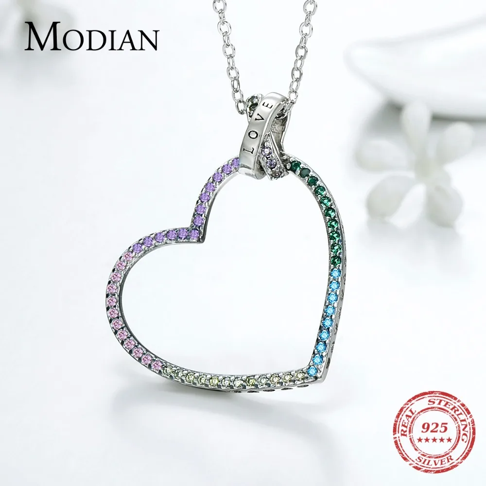 MODIAN 925 серебро красочный кубический цирконий Кулоны "любовь" ожерелье для женщин ювелирные украшения фантастическое сердце ожерелье подарок