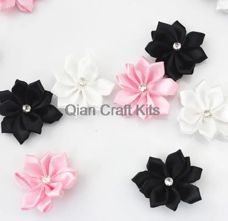 

100pcs satin ribbon flowers with Rhinestone-Mix colors 35mm for diy applique no clips