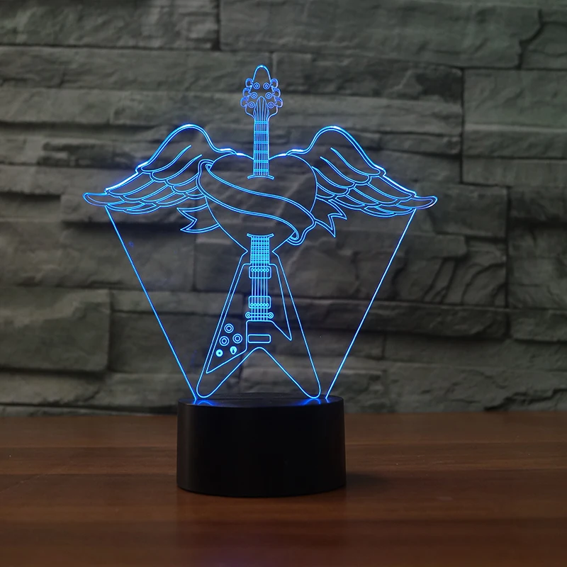 Красочные 3D USB Ночной светильник в форме сердца с крыльями ангела гитары литье
