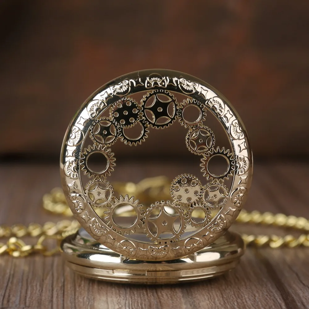 Luxury Fashion Golden Gear Hollow Hand Wind Mechanical Pocket Watch Men Women Pendant Chain Fob Watch Gifts