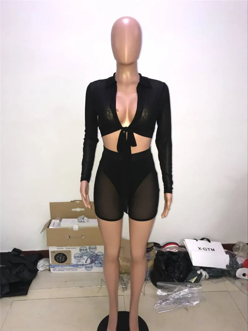 Adogirl прозрачный сетчатый женский сексуальный комплект из двух предметов для ночного клуба, отложной воротник, длинный рукав, передний галстук, укороченный топ, шорты с трусиками, наряд