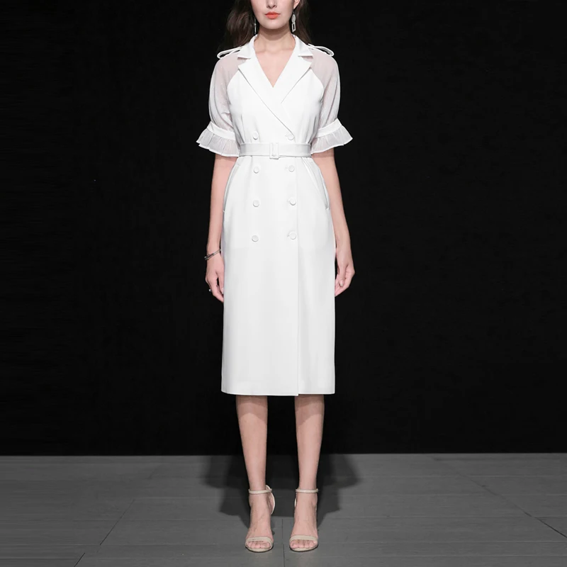 Ladies Elegant Office Dress 2018 Women Autumn White Vintage V-neck Puff Sleeve Mid-Calf Chiffon Vestido | Женская одежда