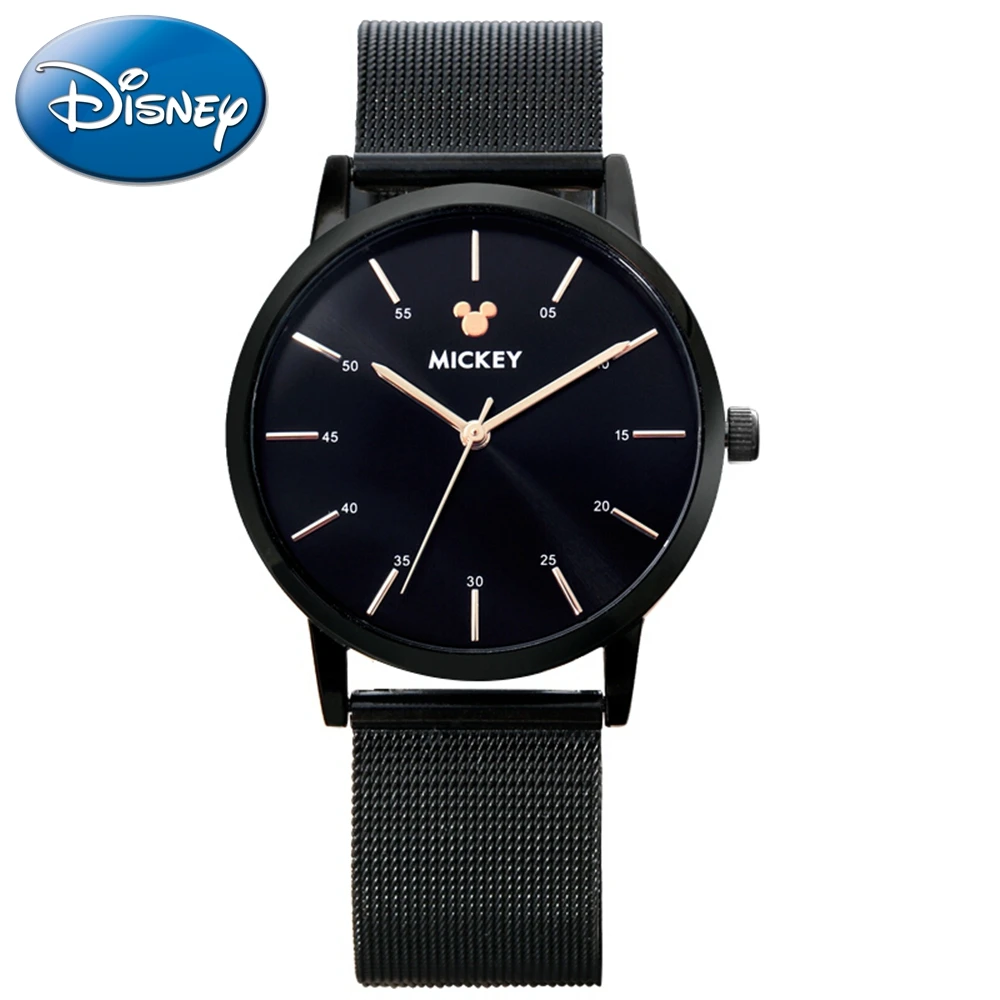 Disney Brand Top Fashion Black Watches Mesh Band Men And Women Quartz Mickey Watch Stainless Steel Japan Movt Wristwatch 3ATM