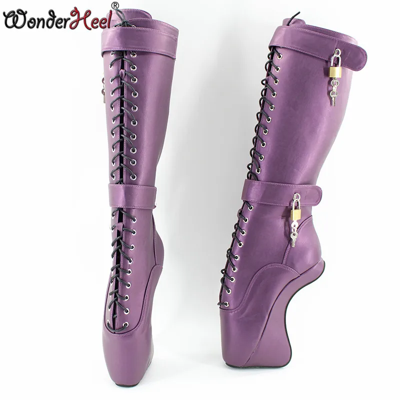 Wonderheel padlocks балетные туфли ультра высокий каблук 18 см клинья балетные сапоги до колена сексуальные фетиш сапоги матовые ПУ балетные сапоги со шнуровкой