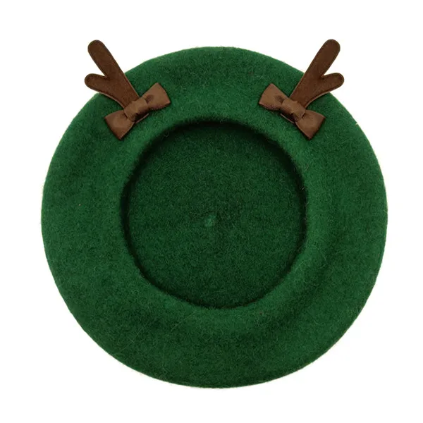 Blackish green Весенне-Зимние береты для девочек, шапка с милым оленем, шерстяные береты для женщин с бантом, шапка в стиле художника, женская шапка, теплая прогулочная шапка, рога - Цвет: Blackish green