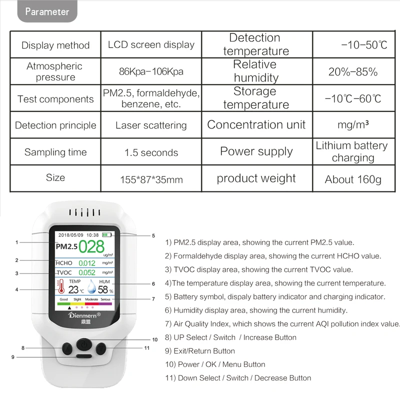 Детектор TVOC-анализатор температуры и влажности HCHO PM1.0 PM2.5 PM10 PM 2 5 домашний