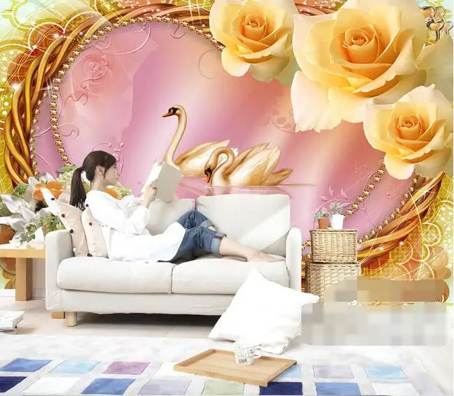 3d wallpaper custom mural non-woven wall sticker room swan love romantic rose setting | Обустройство дома