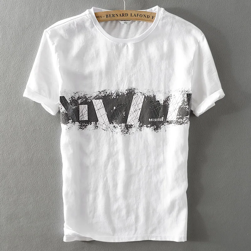 

2019 Summer embroidery linen short-sleeved t-shirt men brand loose casual t shirt mens fashion white tshirt for men chemise