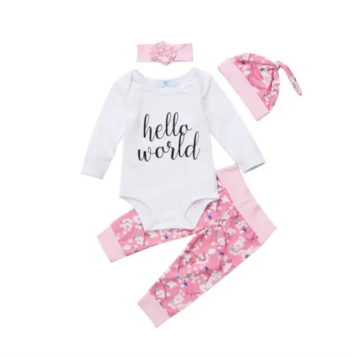 Одежда для новорожденных девочек 4 предмета топы с надписью Hello World комбинезон +