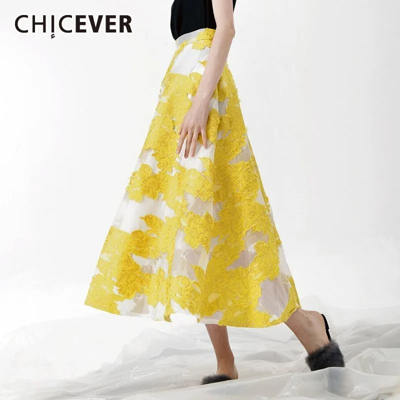 CHICVER юбка с вышивкой для женщин сетчатая Лоскутная Высокая талия на молнии