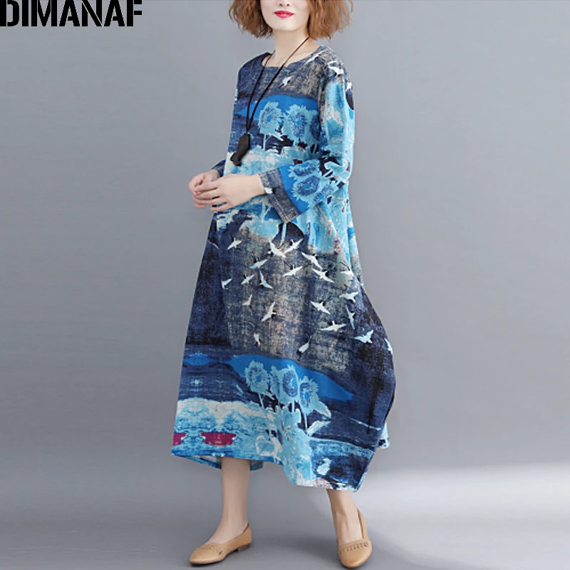 Фото Женское льняное платье DIMANAF с длинным рукавом и винтажным принтом осеннее Женское льняное платье DIMANAF с длинным рукавом и винтажным принтом осеннее