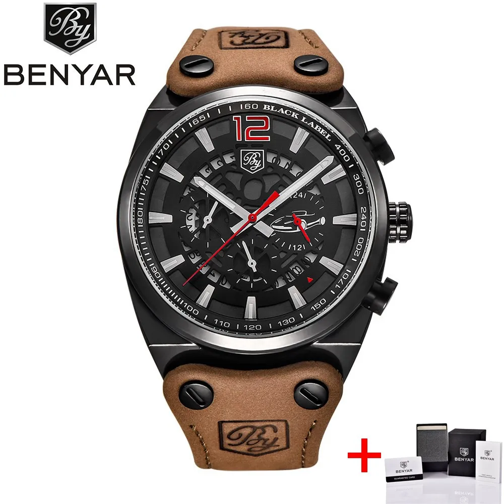 black red BENYAR спортивные часы с большим циферблатом, мужские водонепроницаемые уличные военные часы с хронографом, кварцевые часы с кожаным ремешком, армейские мужские часы, мужские часы - Цвет: black red