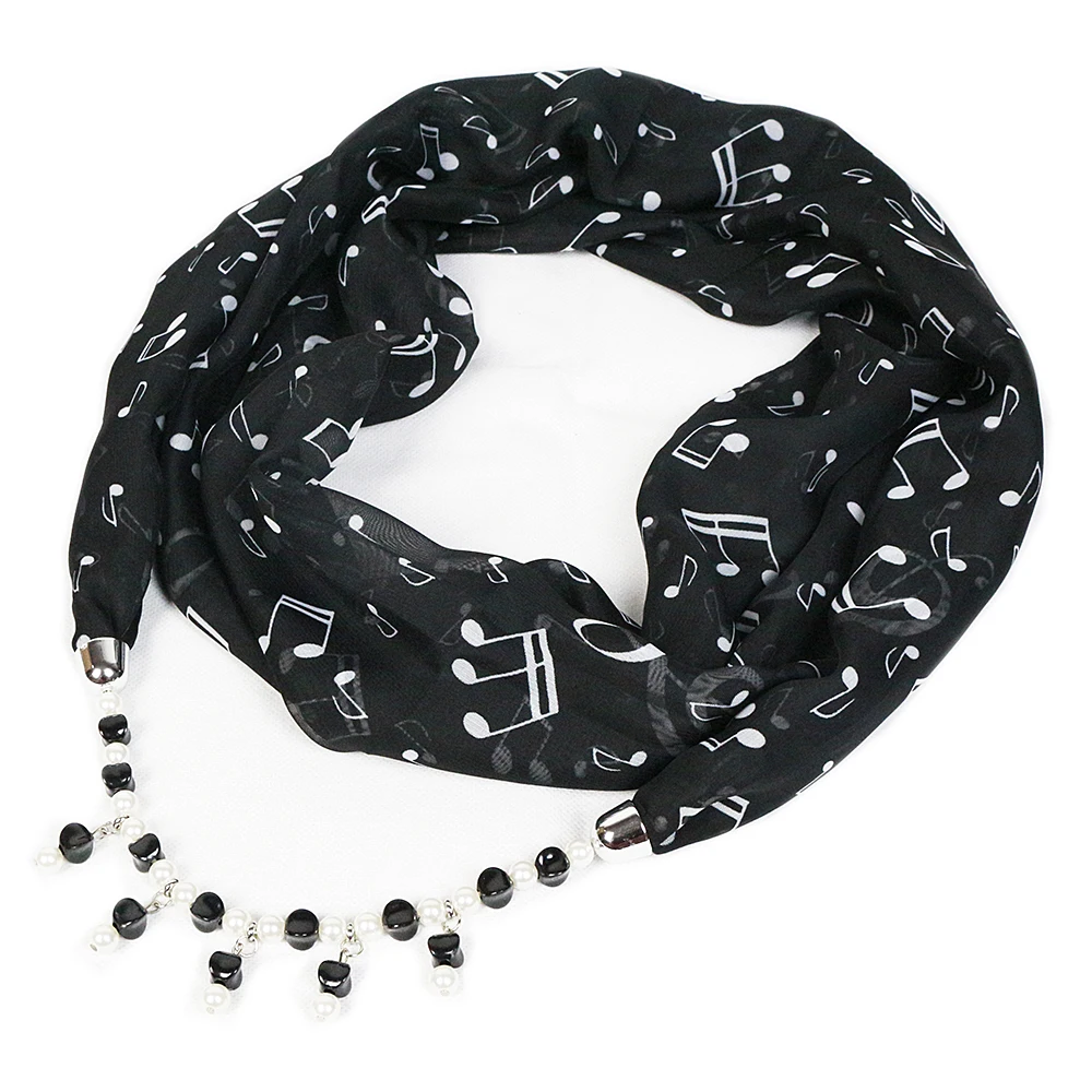 Женский шарф с жемчугом и принтом белый черный подвеской |