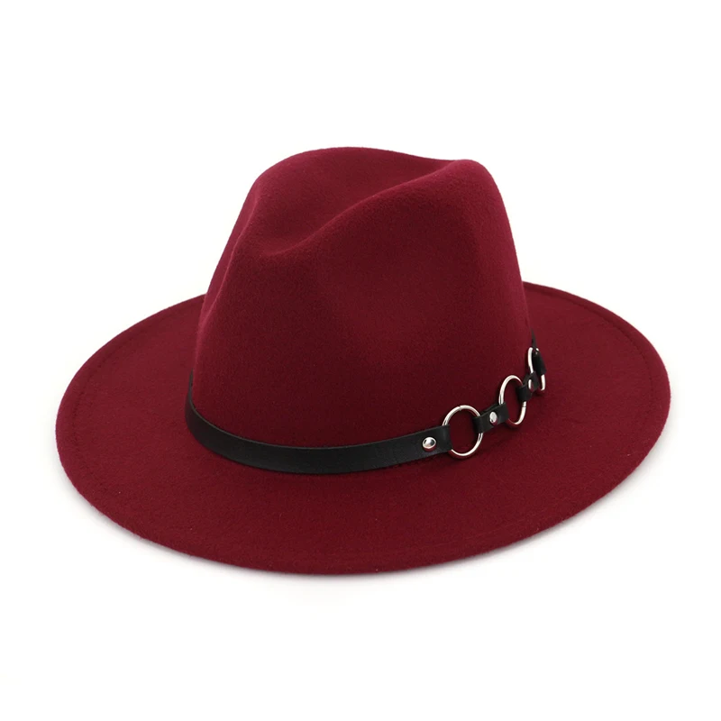 wine red Простая мужская и женская шерстяная фетровая Мужская мягкая фетровая шляпа с поясом и металлическим кольцом с плоскими полями, джазовые вечерние и официальные шляпы для GH-724 унисекс - Цвет: wine red