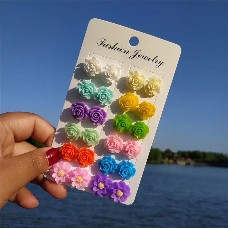 

28 Pairs/lot Resin Starfish Flower & Heart Stud Earring Set for Girls Summer Glitter Slipper Bear Strawberry Cherry Ear Studs