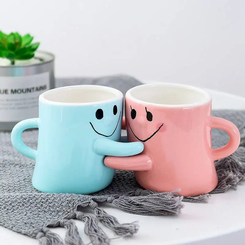 2 шт./лот, мультяшная керамическая кружка для кофе, молока, пары, объятия и улыбка, чашка для пары, счастливый подарок на всю жизнь для влюбленных - Цвет: 03