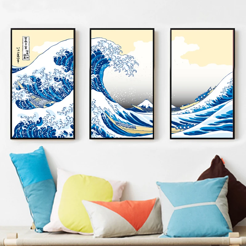 Японские картины Kanagawa Katsushika Hokusai 3 шт. Картина на холсте Постер украшение дома