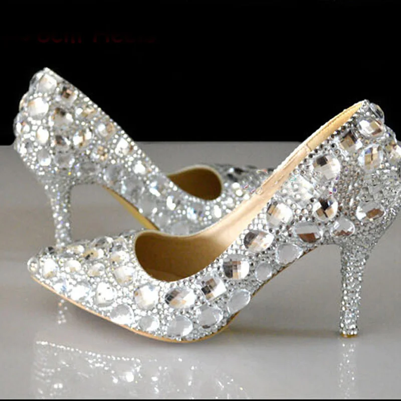 Серебристые официальные туфли со стразами ручной работы 2018 свадебные с острым