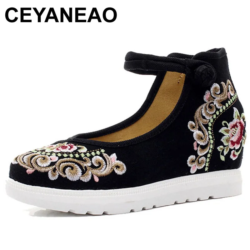 

CEYANEAOHigh End Floral Embroidered Women Canvas Flat Platforms Mid Top Ankle Strap Chinese Style Ladies Casual Denim ShoesE1296