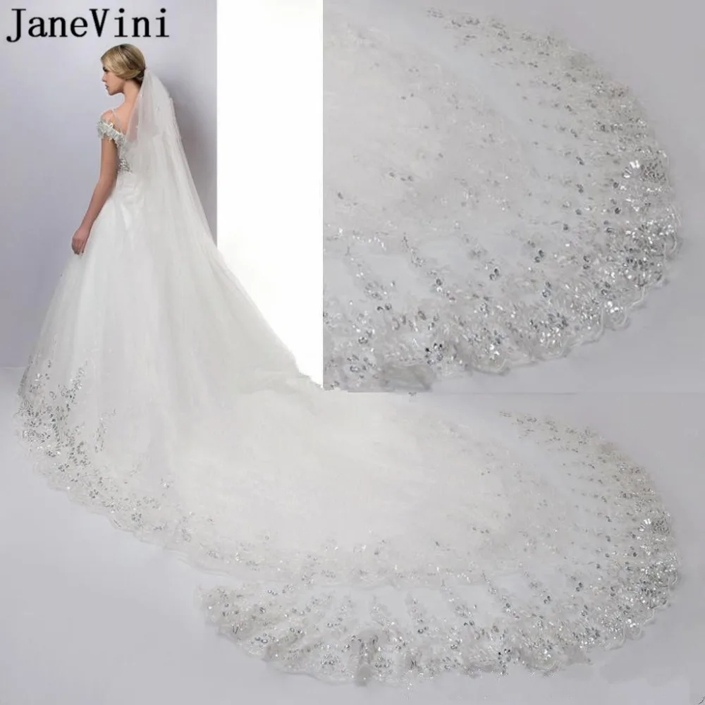 

JaneVini Luxury Sequined Lace Edge Long Bridal Veil 3 Meters One Layer Ivory White Wedding Veil Lace With Comb Cathedral Veils