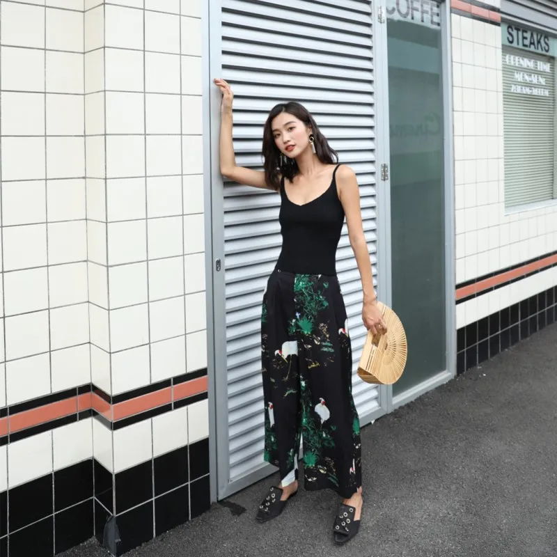 Cheerart Japanese Pants Women Vintage Songhak Print Wide Leg Pants Ankle Length Trousers Summer Loose Harajuku Flare Pants