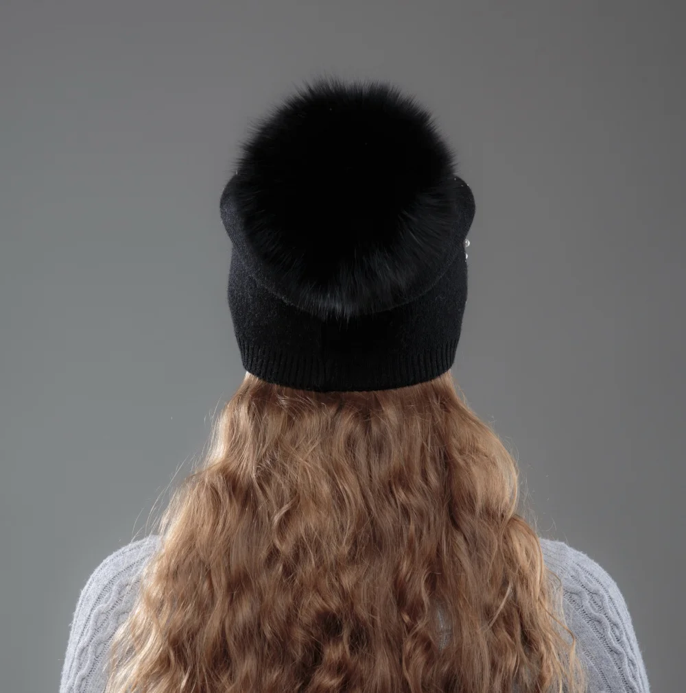 

Brand Women cashmere winter hat fox fur mink pompom beanies high quality wool beanies fashion woman winter hats