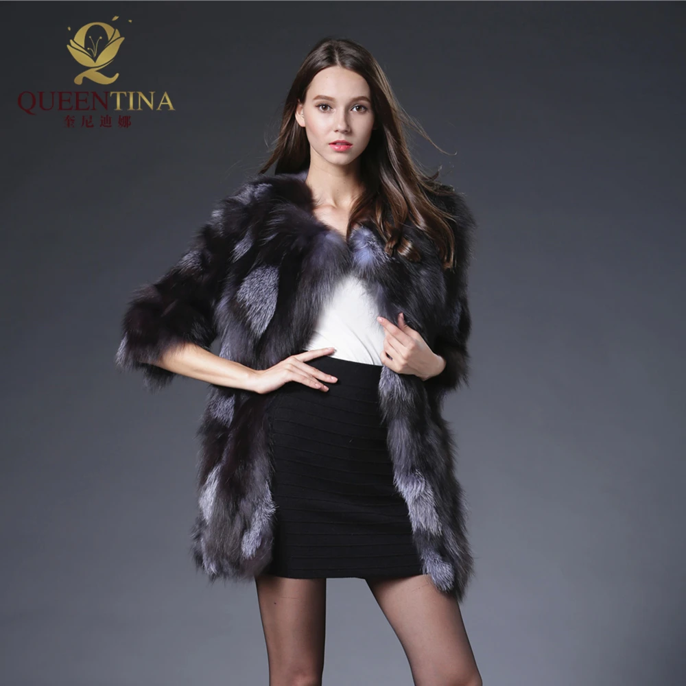 Зимняя женская модель длинное серое пальто из натурального Лисьего меха Женская