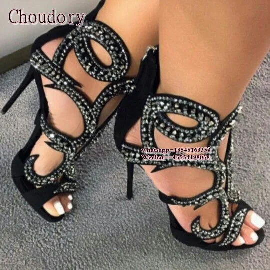 Luxury Brand New Fashion Womens Peep Toe Sandals Rhinestone Cut-outs Gold Back zipper Gladiator High Heels Sexy Pumps | Обувь