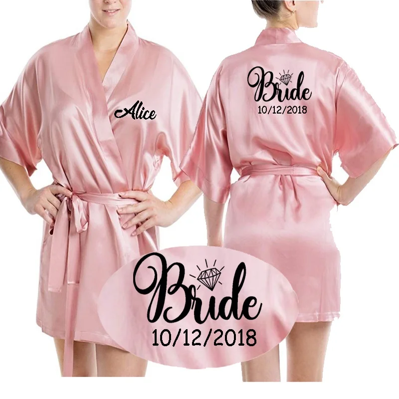 Personalised Satin silk Bride Robe women custom wedding date Peignoir bridesmaid best gift bridal pink shower robes | Дом и сад