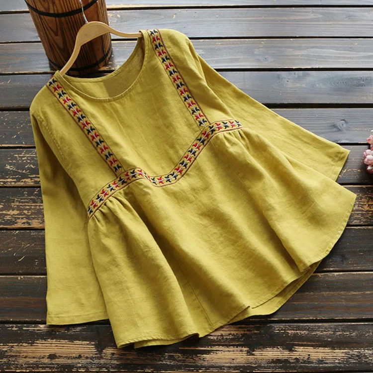 5114 New Spring Women Japan Style Literary Loose Nine Quarter Sleeve Blouse Linen O-Neck Embroidery Shirt Tops | Женская одежда