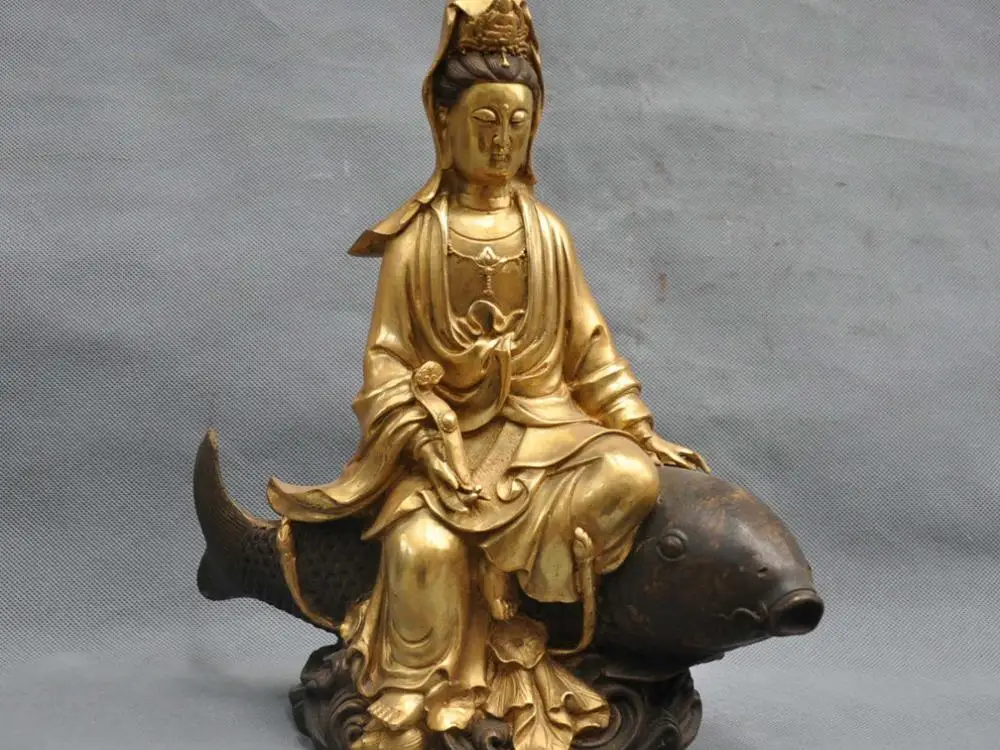 12 &quotChina Buddhism Bronze Guanyin Kwan-yin Buddha Ride Fish Statue | Дом и сад