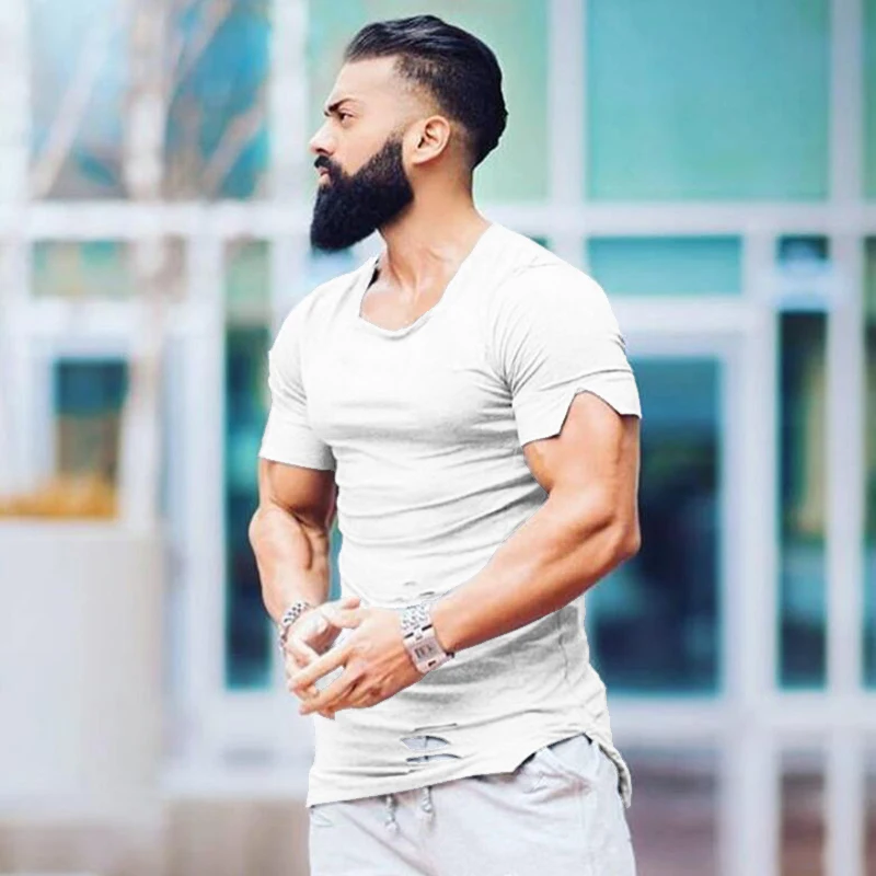 Бренд Muscleguys, новинка, модная Однотонная футболка для мужчин, s, хип-хоп, удлиненная футболка, Мужская хлопковая футболка с дырками для фитнеса, Homme