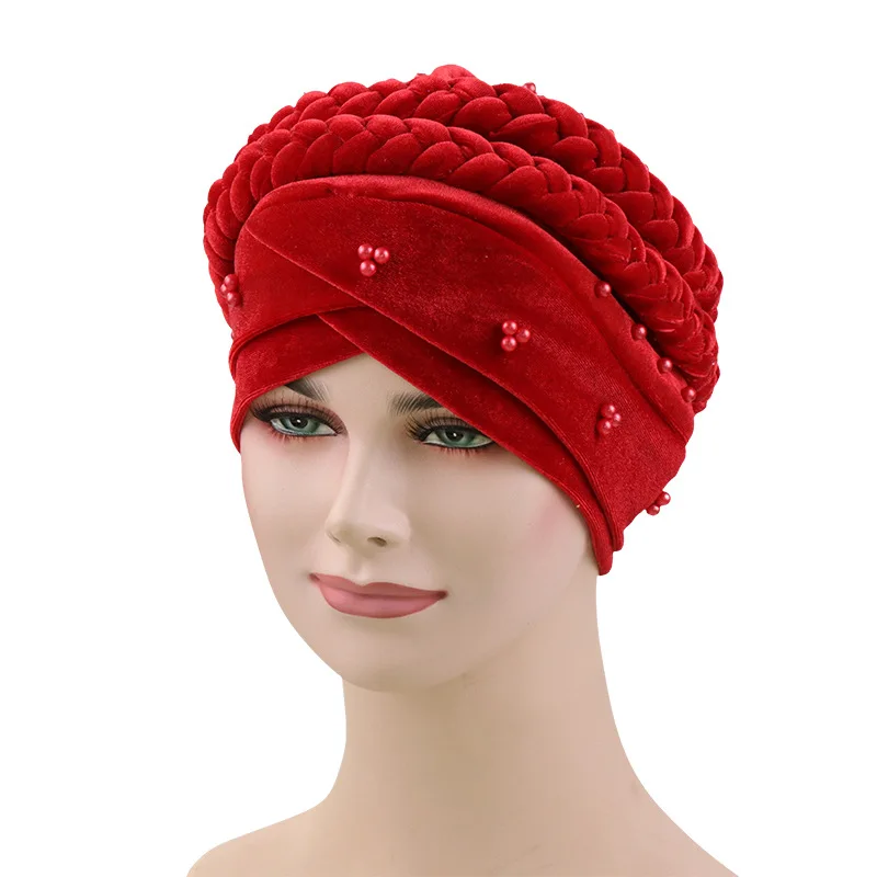 red velvet beads head hijab caps turban indian hair bands for women muslim headbands headscarf hats braid Bandanas girls - Цвет: red