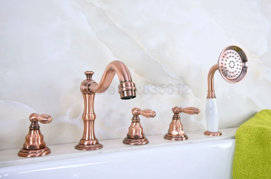 

Antique Red Copper Roman Bathtub Mixer Faucet Set with Handheld Shower Deck Mounted 5 Holes Hot and Cold Taps ttf228