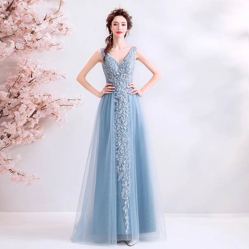 Ssyfashion Новинка, вечернее платье, для банкета элегантный серый синий кружевное платье с цветочным рисунком платье с v-образным вырезом без рукавов официальная Вечеринка платье Vestido De Festa